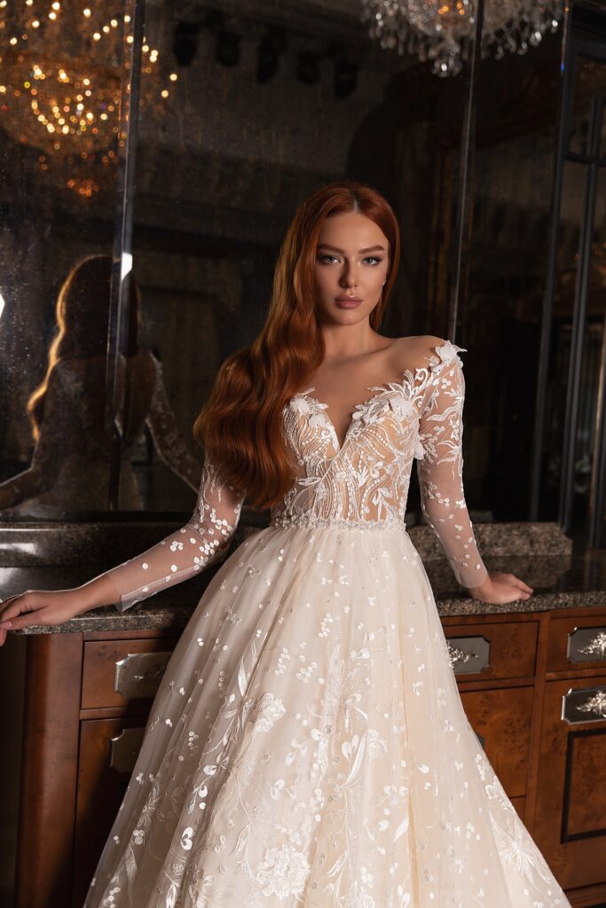 long sleeve aline wedding dress Pearl-Embellished Off-the-Shoulder A-Line Lace Wedding Dress with Long Sleeves