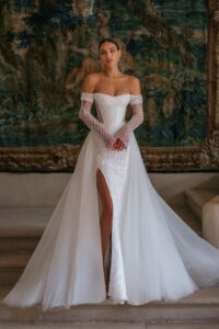 Low back wedding dress «Effie» with detachable overskirt | WONA