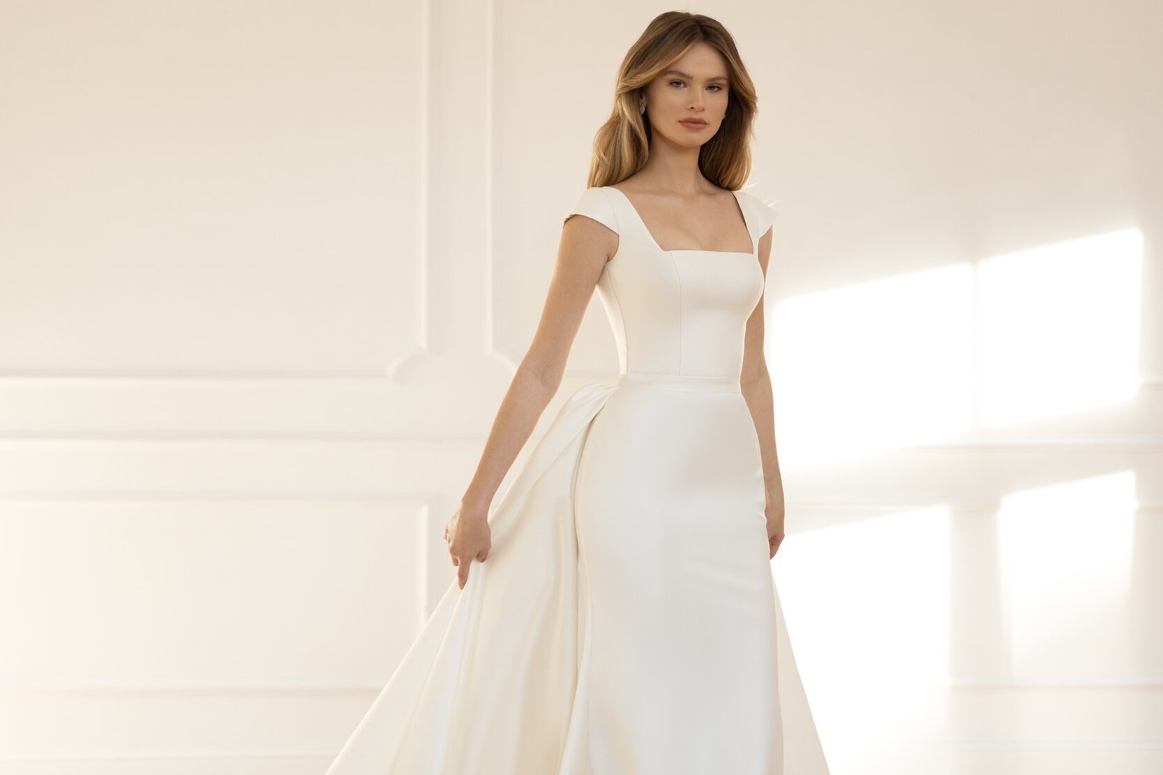 Cap sleeves wedding dress «ortis» with detachable overskirt