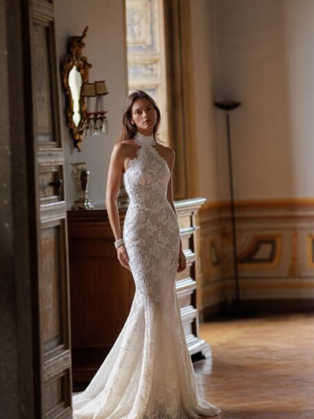 High neck sleeveless lace wedding dress best sale